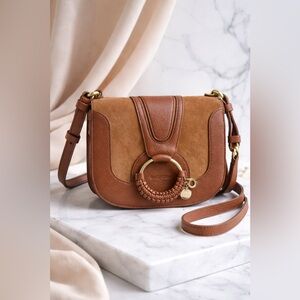 See by Chloé Leather Suede Hana Crossbody Saddle Bag Gold Ring Designer PurseNew